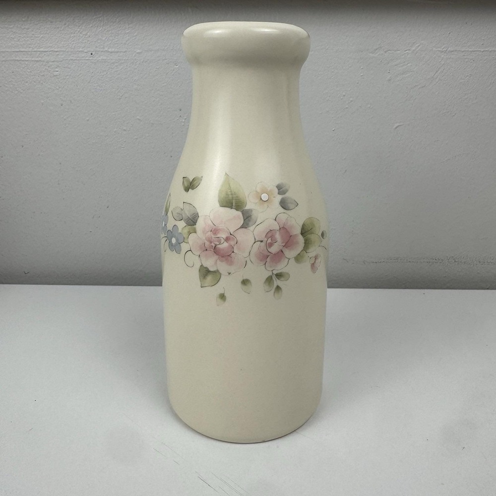 Vtg 1980s Pfaltzgraff Tea Rose Vase Milk Bottle Stoneware Cottagecore Floral